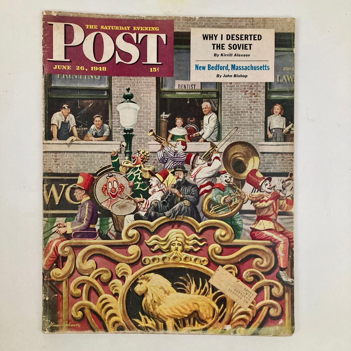 Saturday Evening Post Magazine Cover June 26, 1948, featuring The Big Parade artwork by Stevan Dohanos, showcasing a vibrant parade scene with clowns, musicians, and a decorative lion emblem.