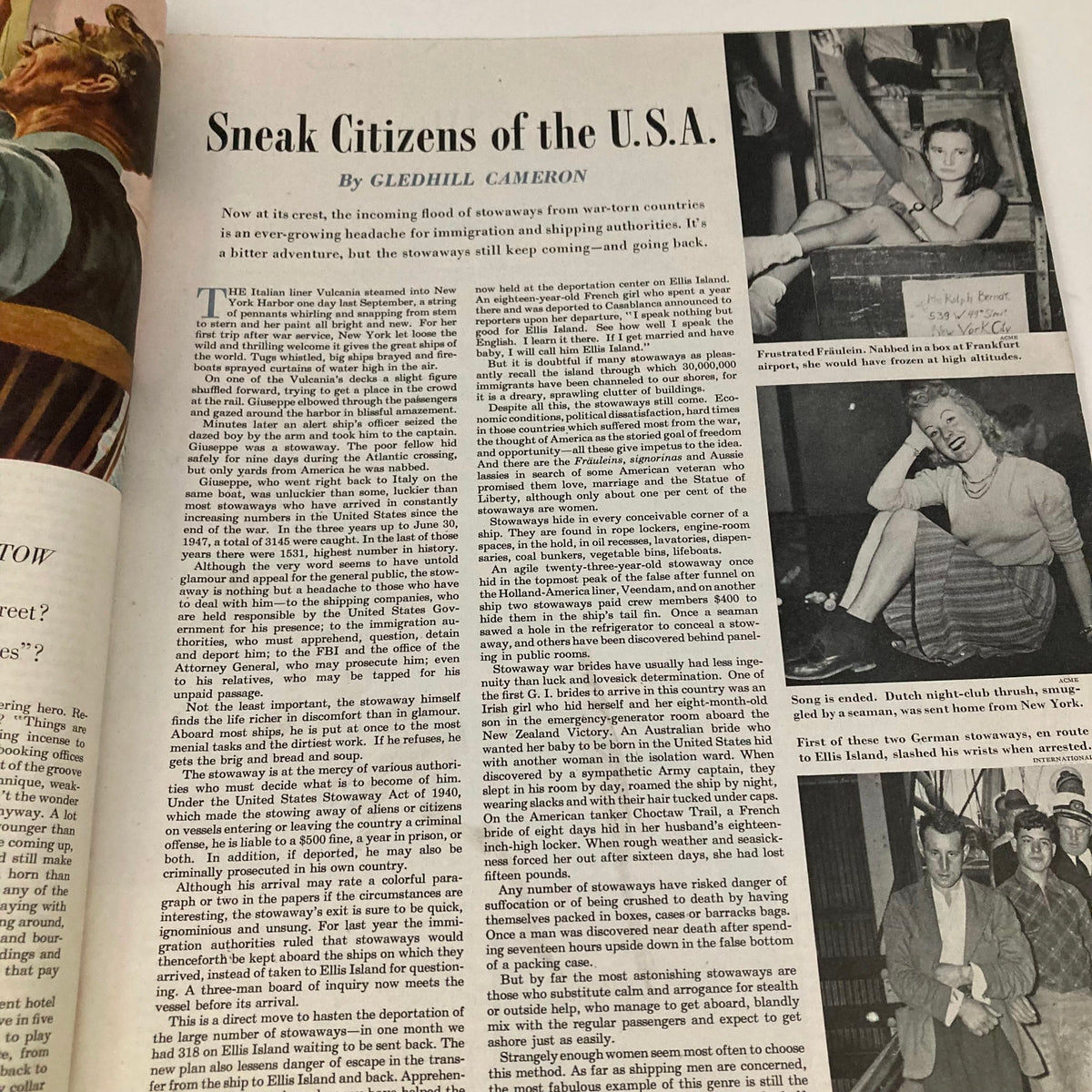 Article titled 'Sneak Citizens of the U.S.A.' in the Saturday Evening Post Magazine June 26 1948, discussing the issue of stowaways in America.