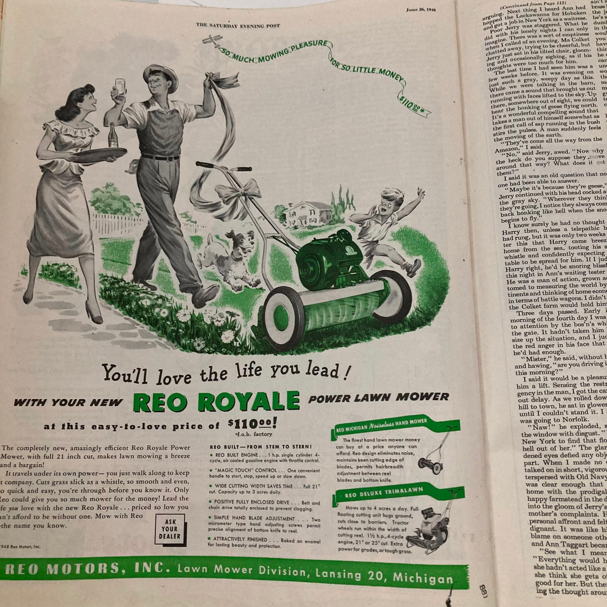 Advertisement for the Reo Royale Power Lawn Mower in the Saturday Evening Post Magazine June 26 1948, promoting efficiency and ease of use for lawn care.