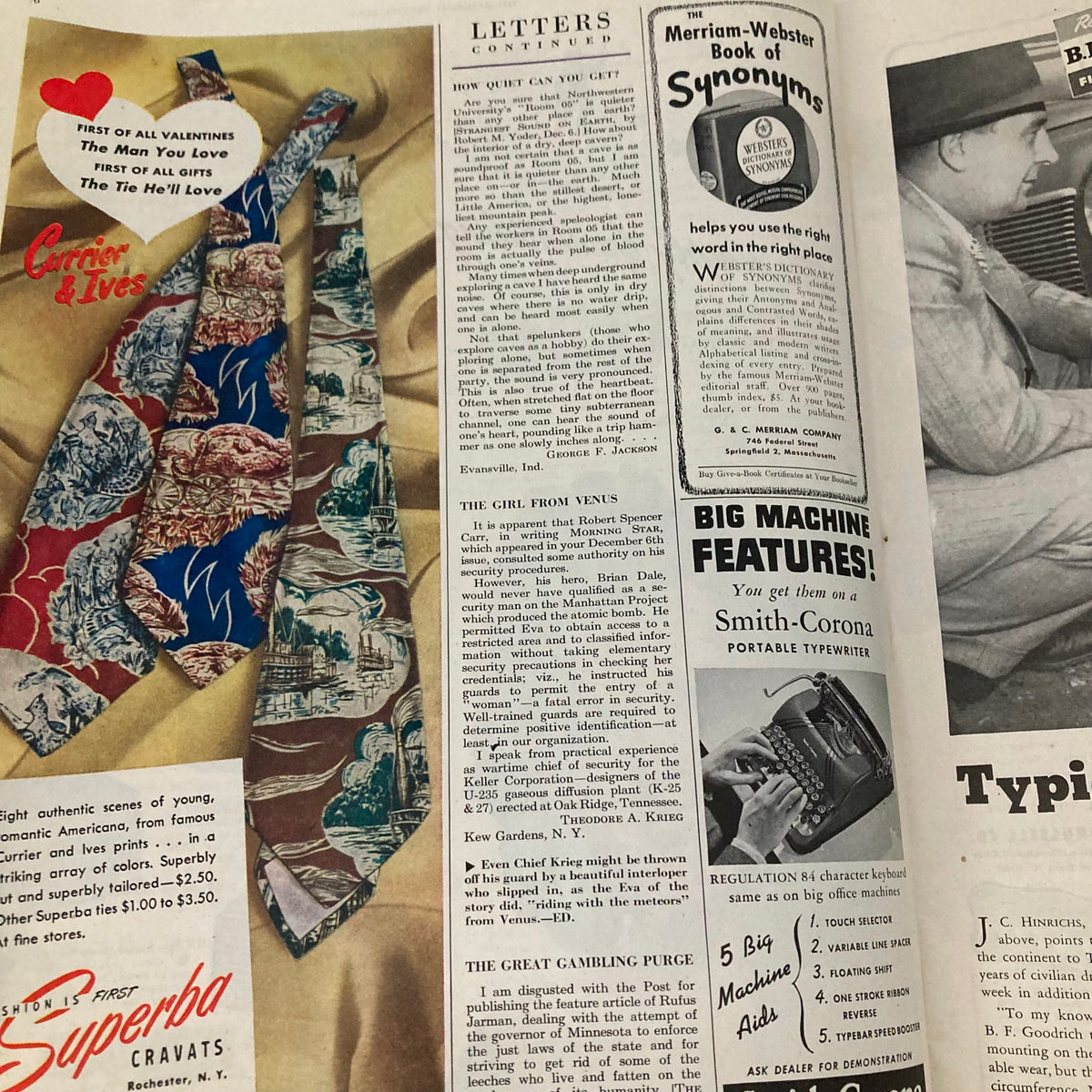 Inside spread of the Saturday Evening Post Magazine February 7 1948 showcasing letters, advertisements, and illustrated ties with Currier & Ives designs.