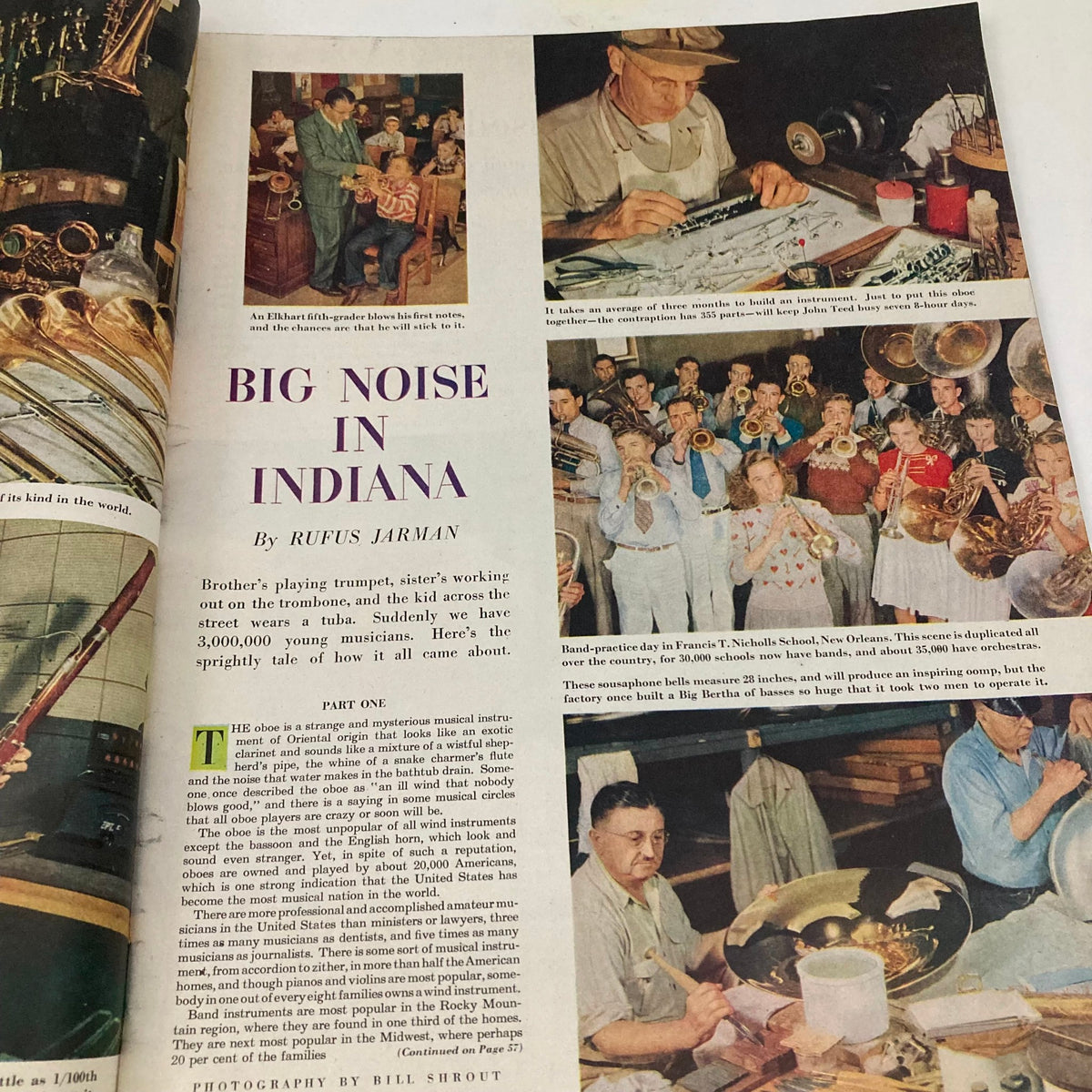 Article titled 'Big Noise in Indiana' from the Saturday Evening Post Magazine February 7 1948, featuring images of children playing musical instruments and a detailed description of music education.