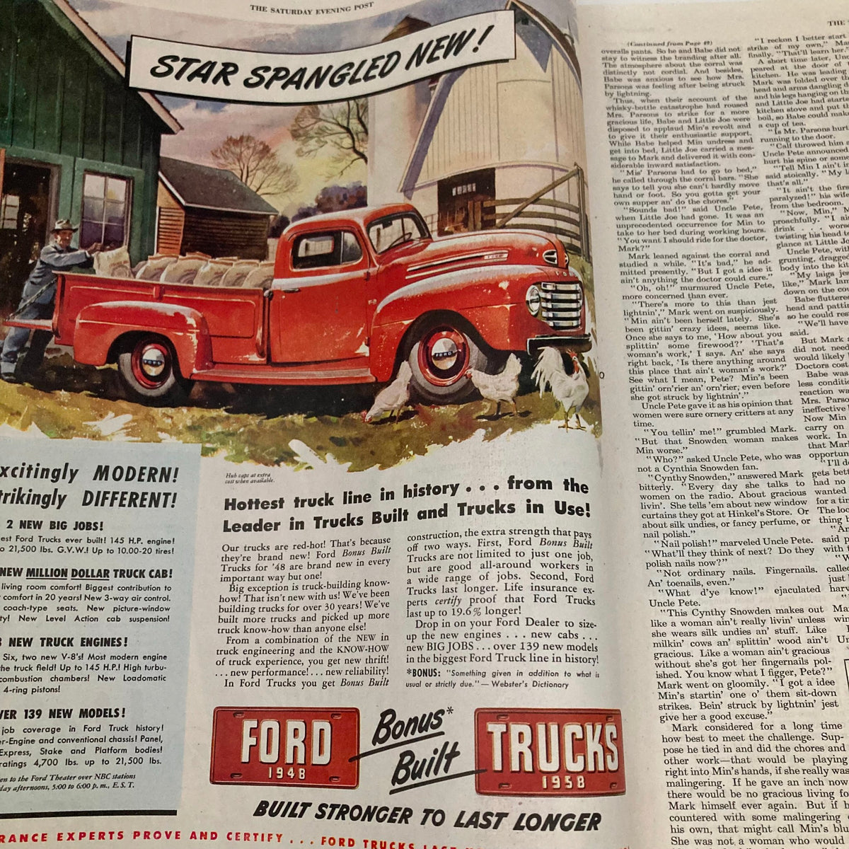 Advertisement for Ford Bonus Built Trucks from the Saturday Evening Post Magazine February 7 1948, highlighting the new truck models and their features, with a colorful illustration of a red truck.