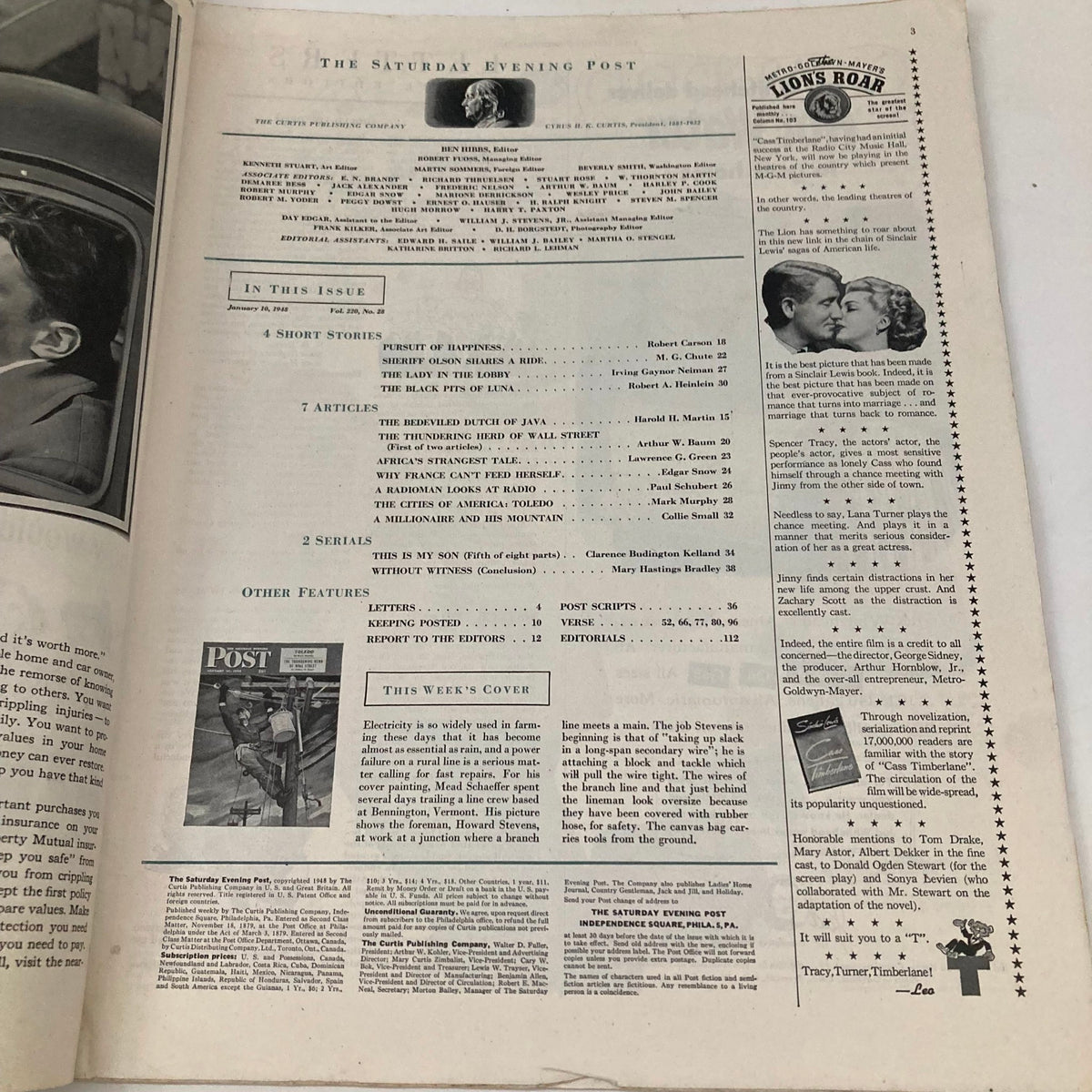 Inside page of Saturday Evening Post Magazine January 10 1948 with table of contents and featured articles overview.
