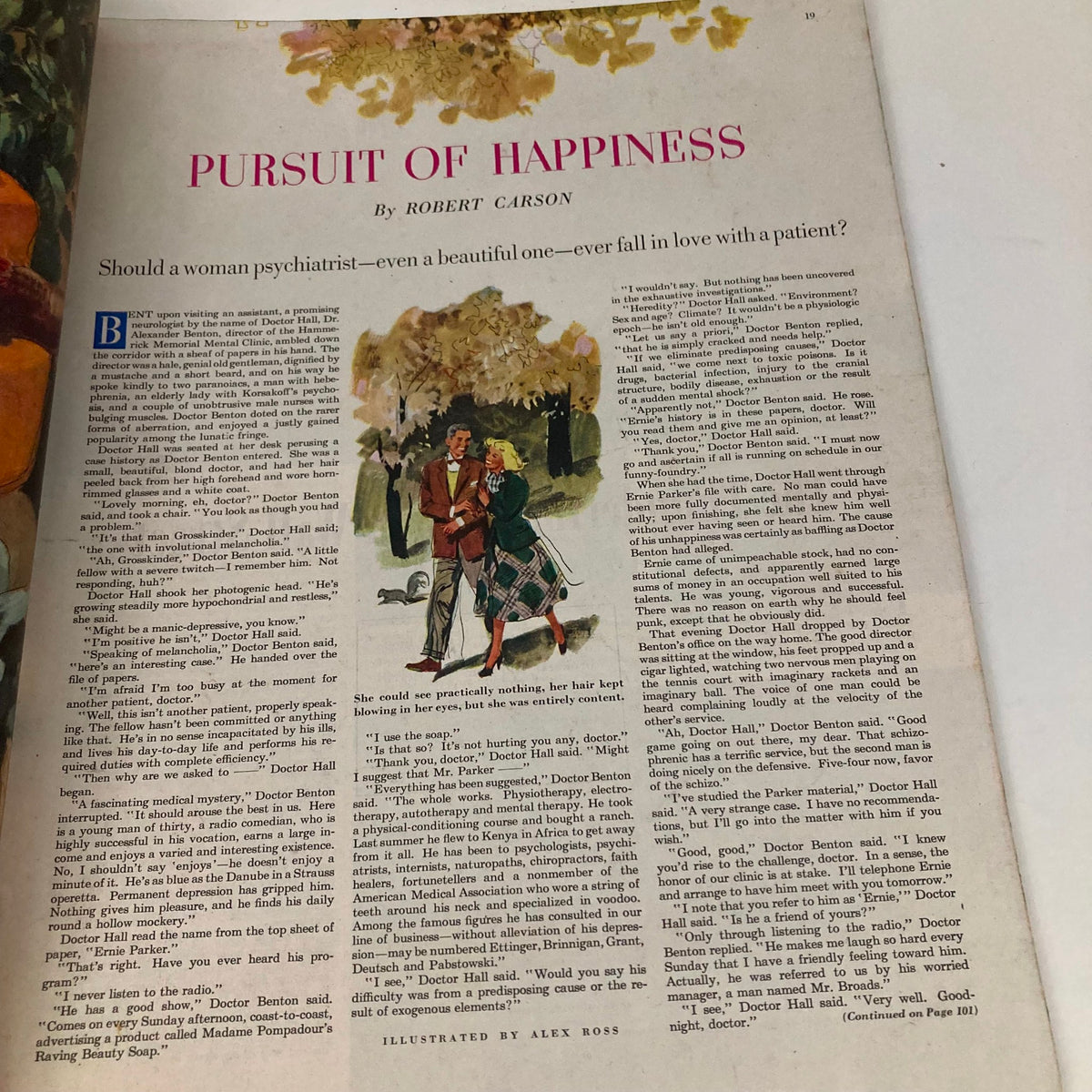 Page titled 'Pursuit of Happiness' from Saturday Evening Post Magazine January 10 1948, features a romantic illustration by Alex Ross depicting a couple in a park.