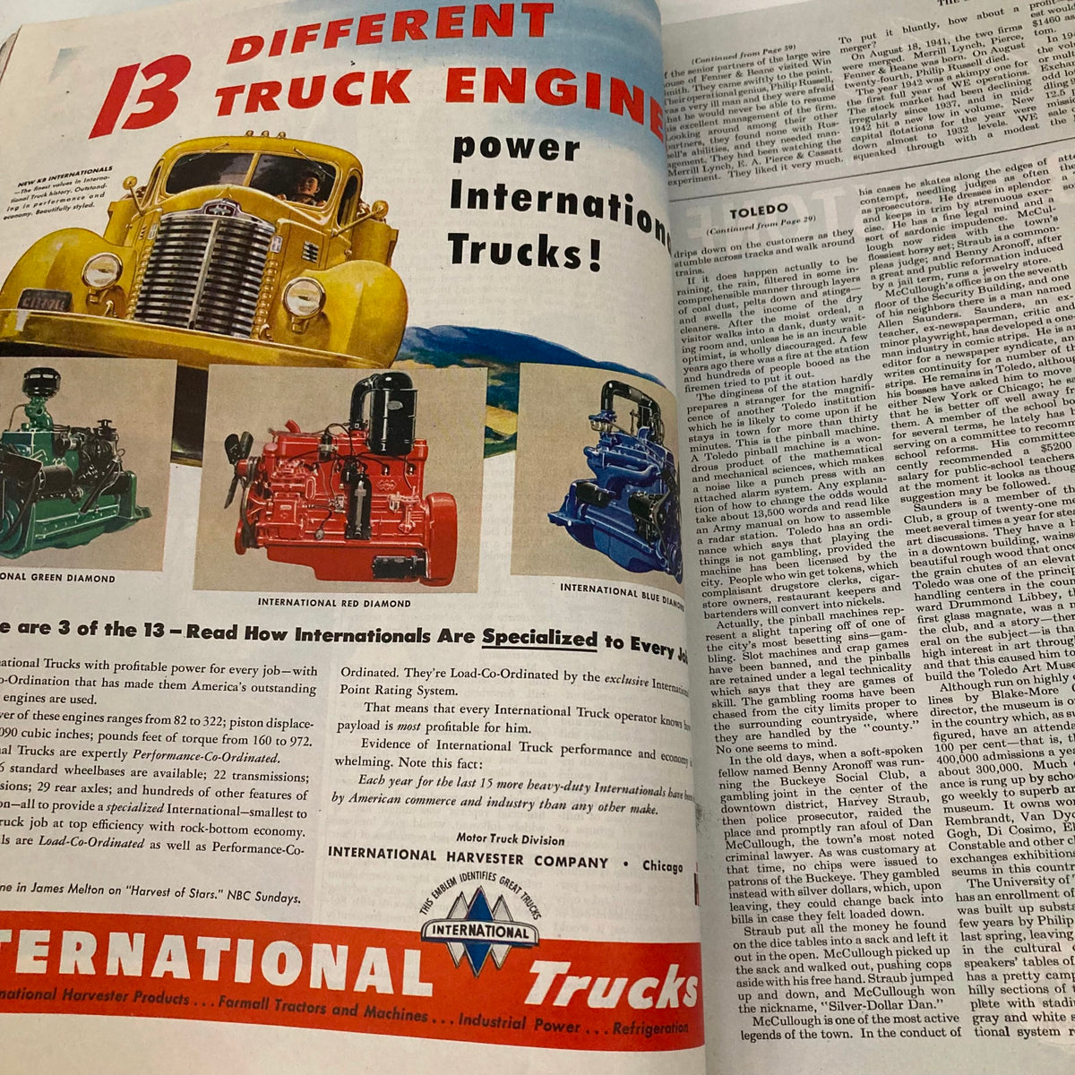 Advertisement from Saturday Evening Post Magazine January 10 1948 promoting International Trucks with images of different truck engines and their specifications.