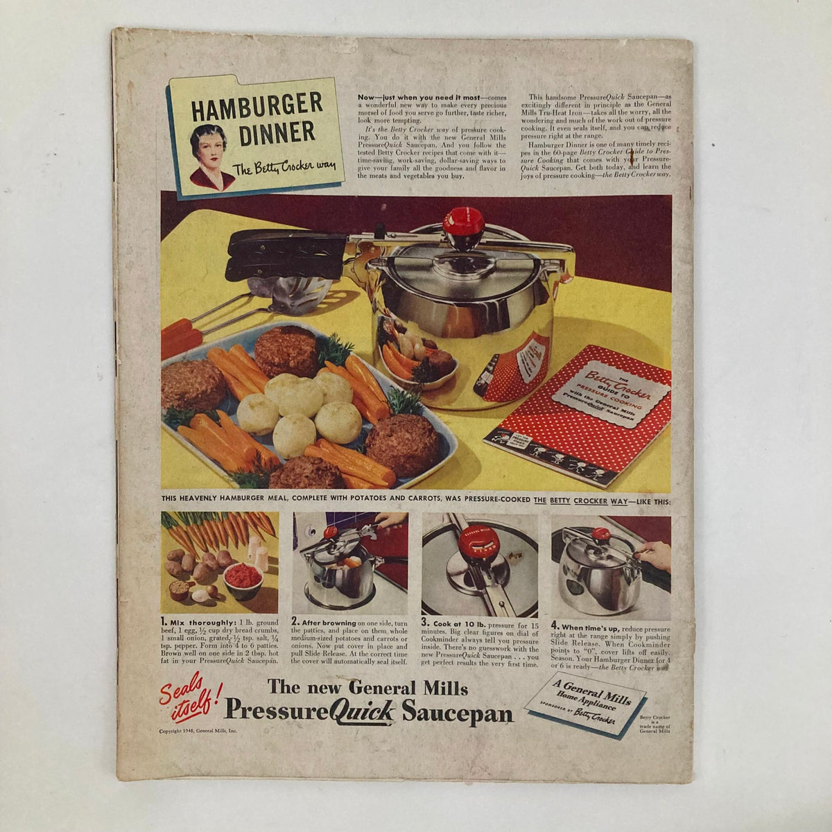 Cover of the Saturday Evening Post Magazine from January 10, 1948, featuring an advertisement for a Hamburger Dinner prepared with Betty Crocker products, showcasing a PressureQuick Saucepan, complete with a colorful meal display.