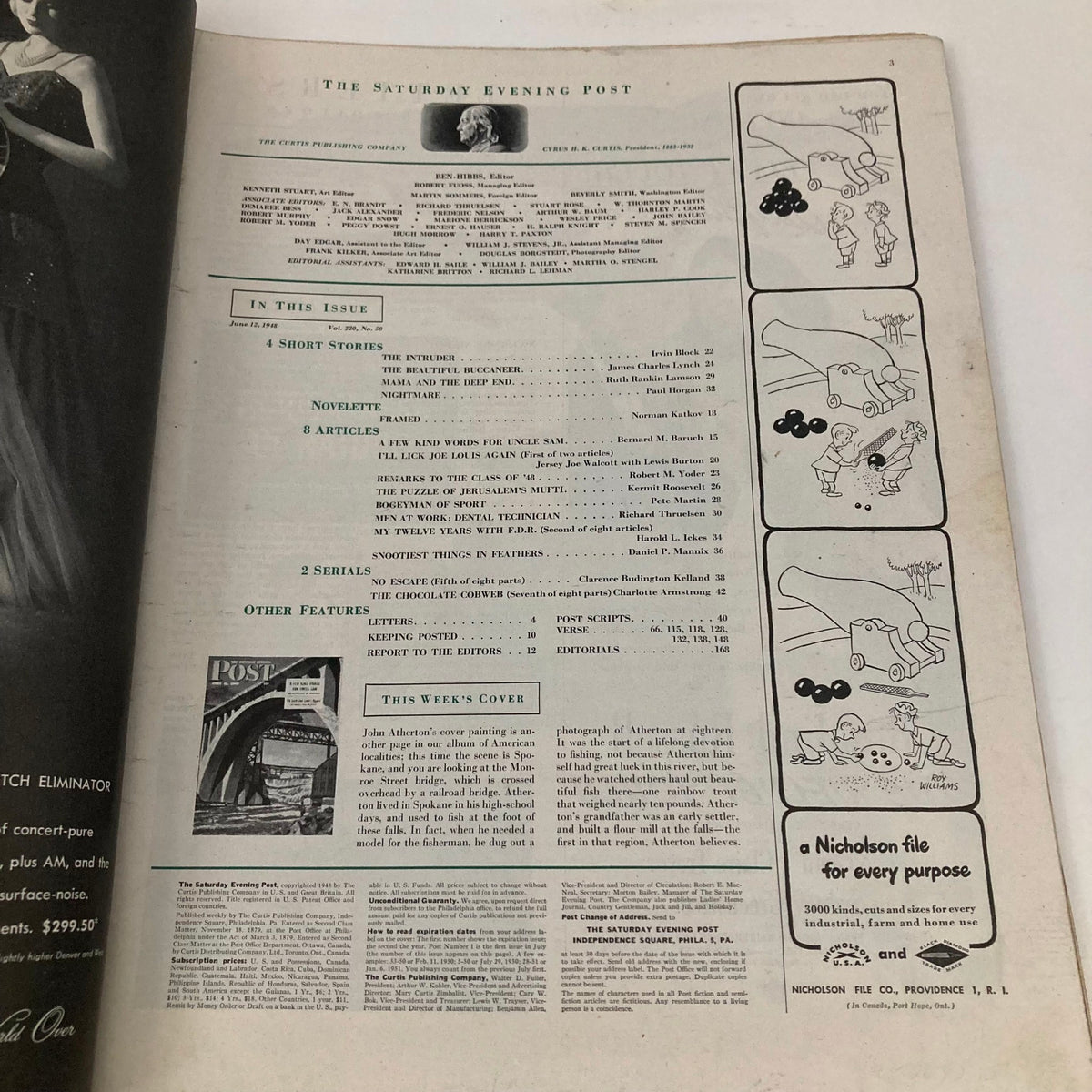 Inside page of the Saturday Evening Post Magazine from June 12, 1948, listing contents including articles and stories of the era.