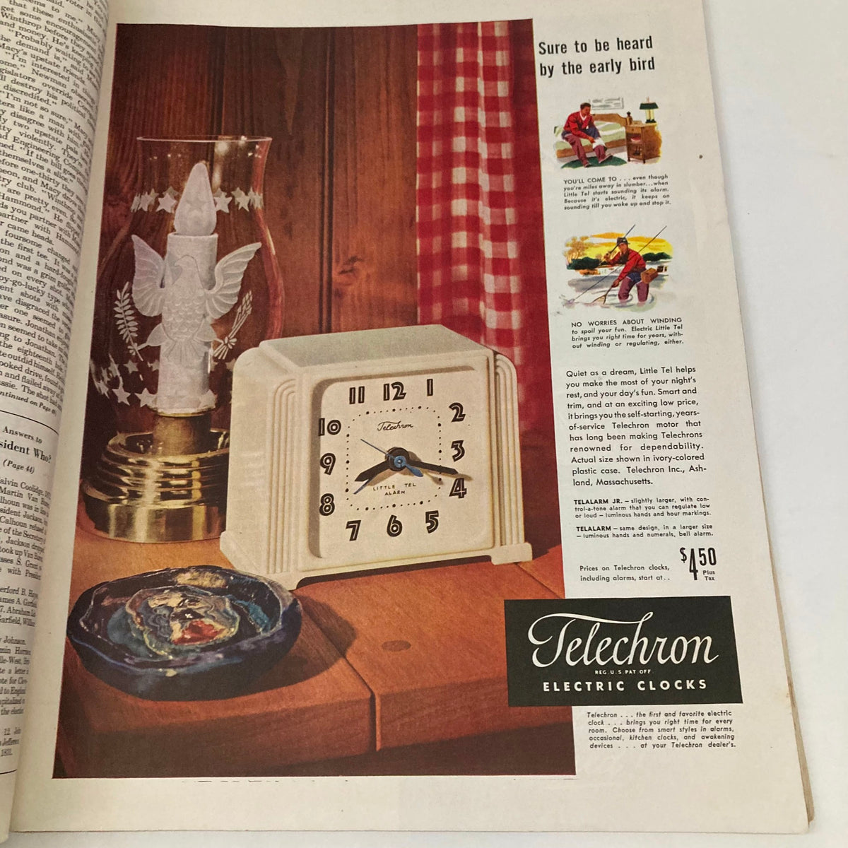 Advertisement page from the Saturday Evening Post Magazine June 12, 1948, featuring Telechron electric clocks with vintage home decor.