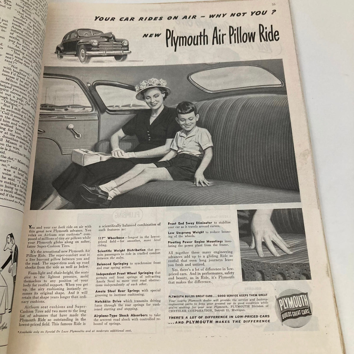 Saturday Evening Post Magazine June 12 1948 Spokane Scene featuring a mother and son in a vintage Plymouth car with a focus on comfort and design.