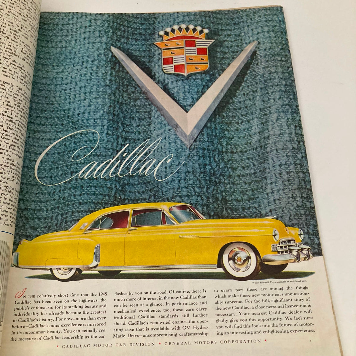 Saturday Evening Post Magazine June 12 1948 Spokane Scene showcasing a stylish yellow 1948 Cadillac against a textured backdrop, emphasizing luxury and automotive beauty.
