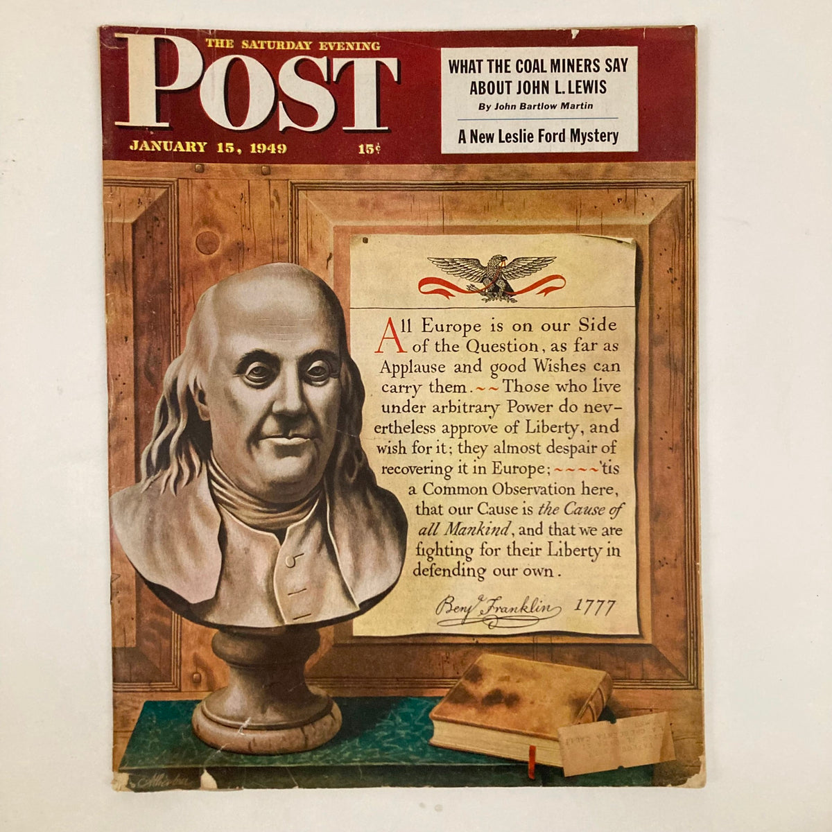 Cover of Saturday Evening Post Magazine January 15 1949 featuring a bust of Benjamin Franklin against a wooden background, with text discussing liberty and historical themes.