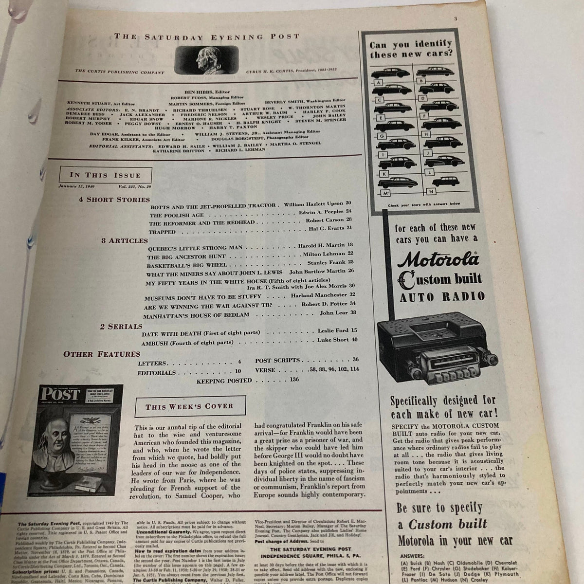 Page from the Saturday Evening Post Magazine January 15 1949 showing the contents list with editorials, articles, and advertisements.