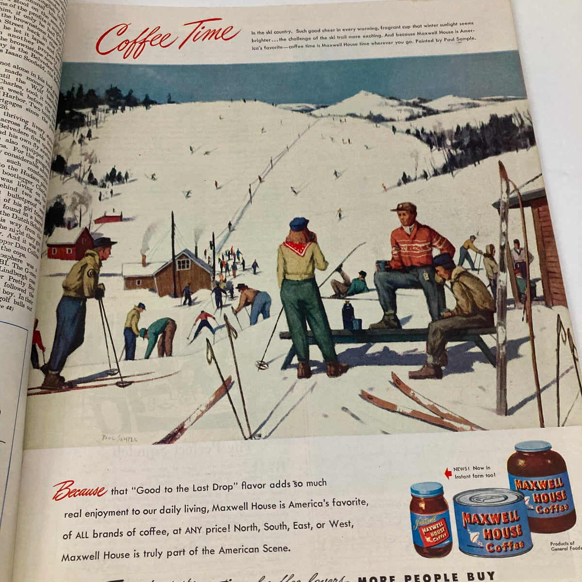 Colorful advertisement in the Saturday Evening Post Magazine January 15 1949 for Maxwell House Coffee featuring a snowy ski scene.