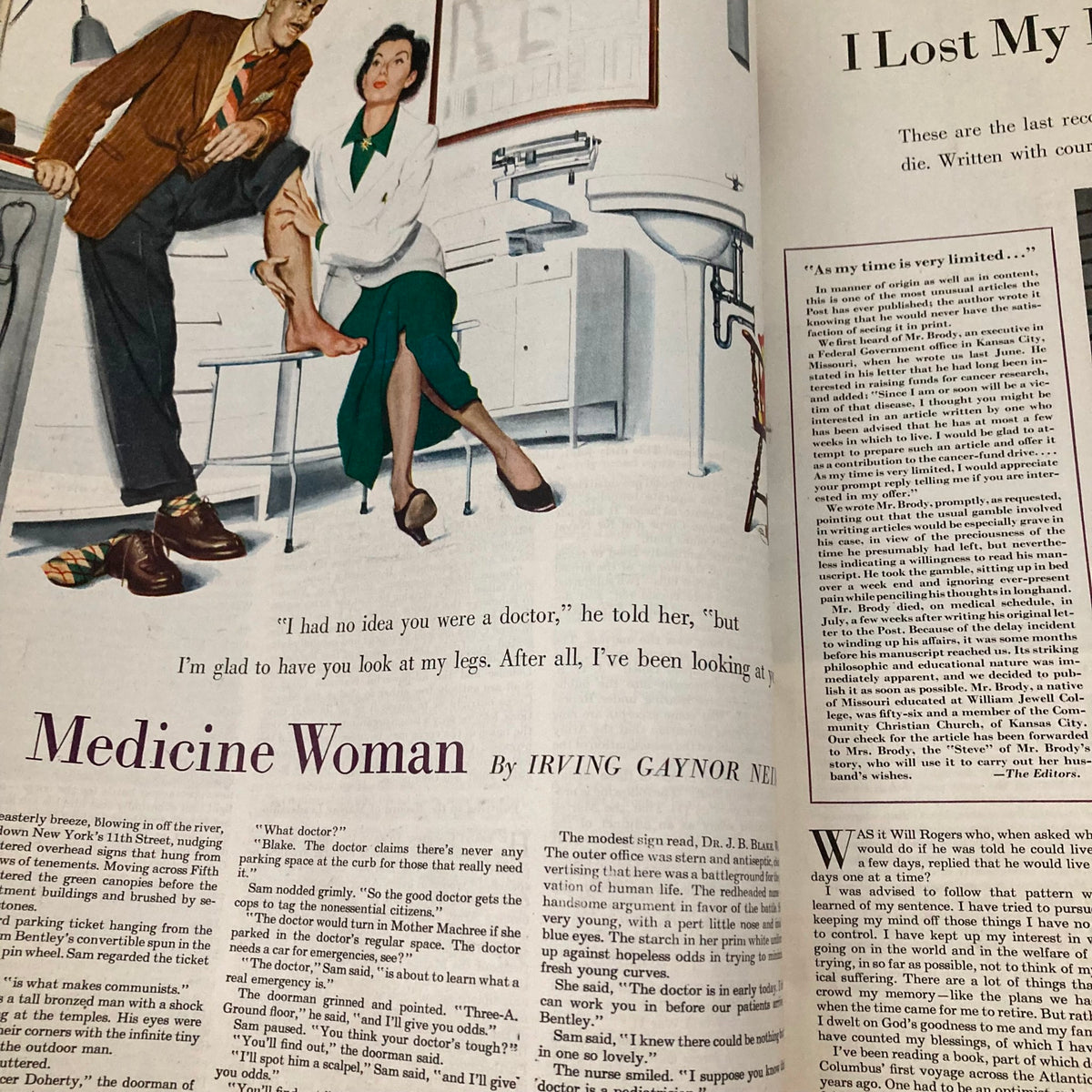 Interior page of Saturday Evening Post Magazine February 5, 1949 featuring an article titled 'Medicine Woman' with an illustration.