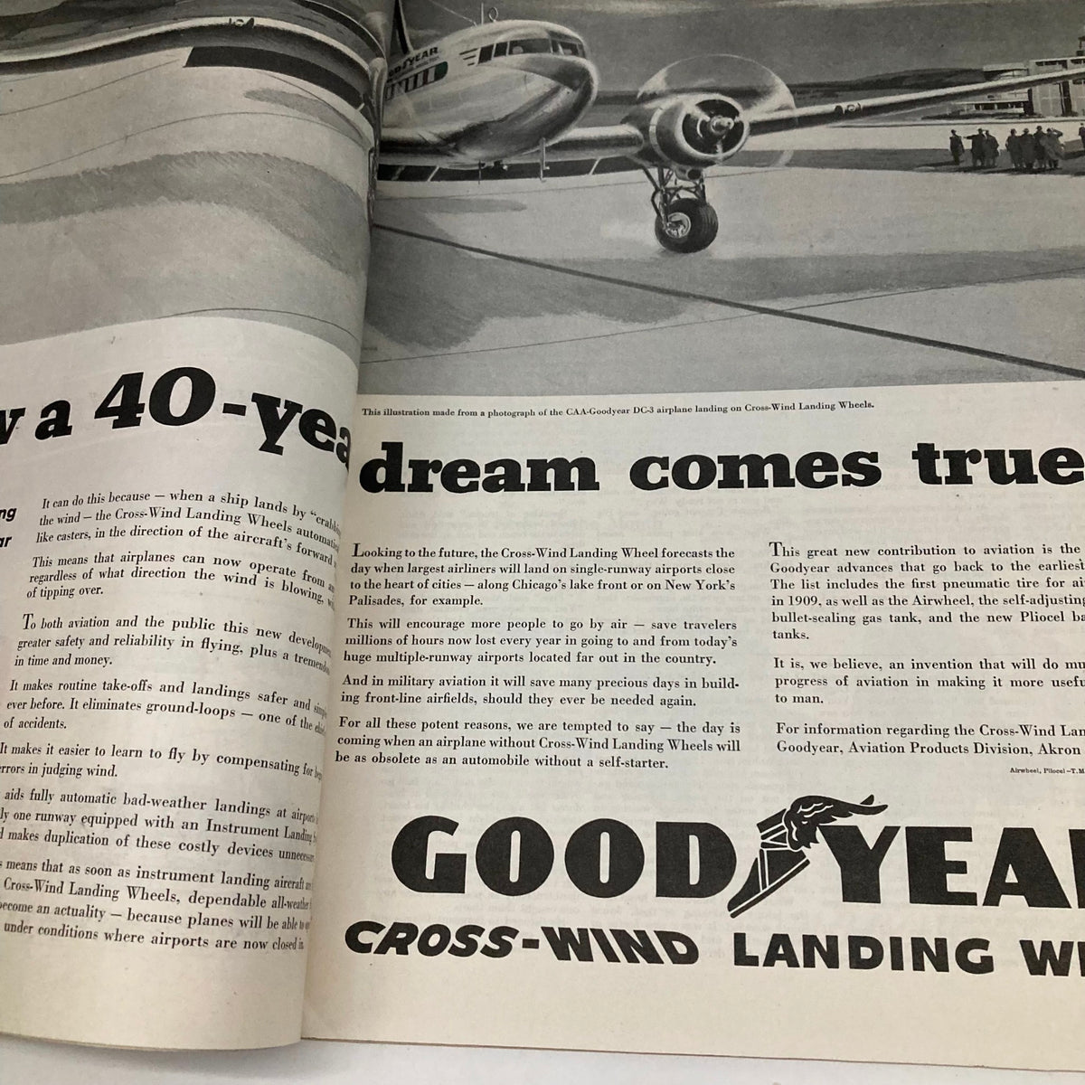 Interior page from Saturday Evening Post Magazine February 5, 1949 depicting an advertisement for Goodyear's Cross-Wind Landing Wheels.