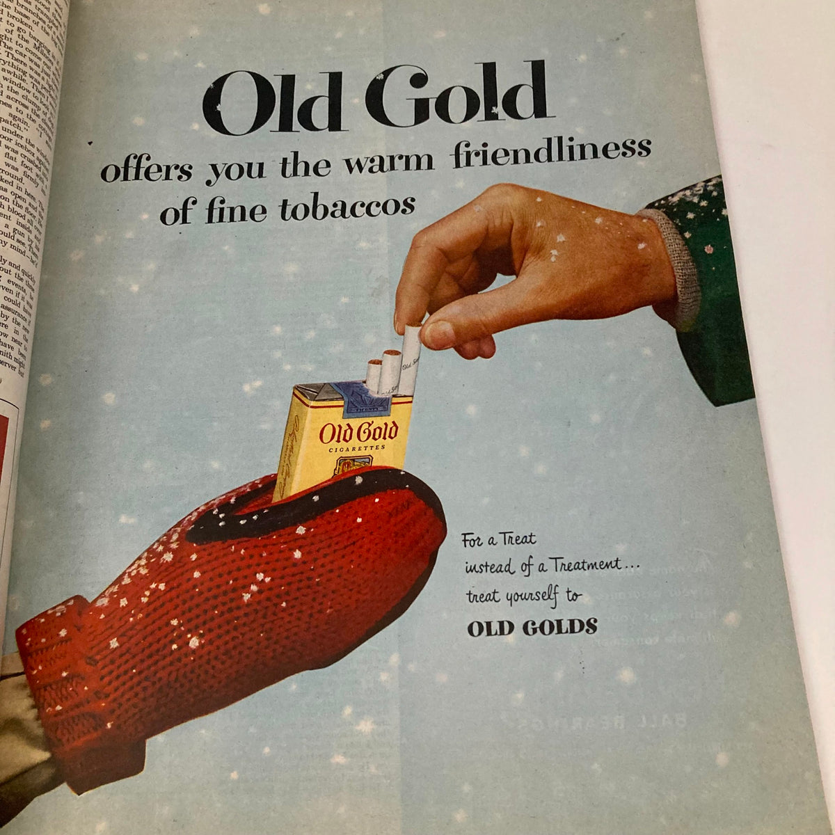 Old Gold Cigarettes advertisement from Saturday Evening Post Magazine February 5 1949 featuring a hand placing cigarettes in a red mitt, emphasizing the warm friendliness of fine tobaccos.