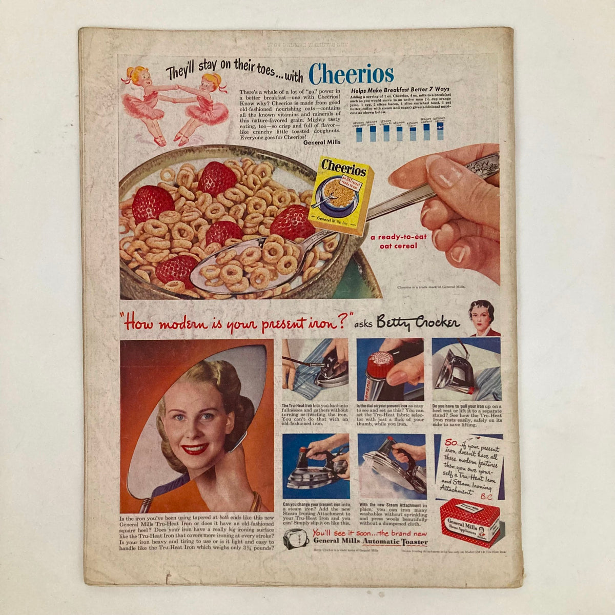 Cheerios cereal advertisement from Saturday Evening Post Magazine February 5 1949 showcasing a bowl of cereal with strawberries and a hand holding a spoon, promoting General Mills' ready-to-eat oat cereal.