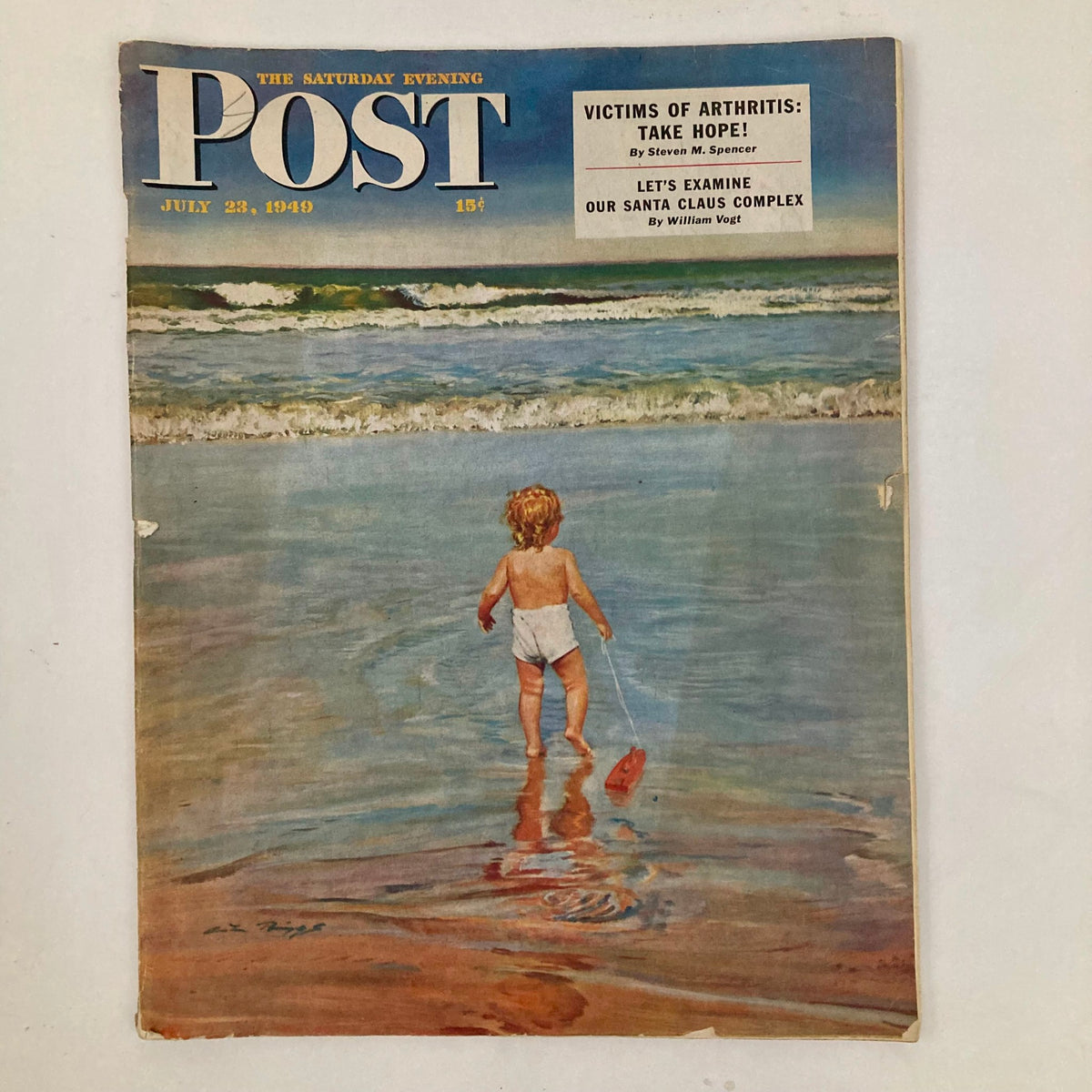 Cover of the Saturday Evening Post Magazine from July 23, 1949, featuring a child wading in the water at Folly Beach, illustrated by artist Briggs.