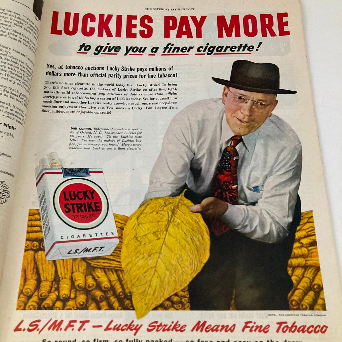 Saturday Evening Post Magazine July 23 1949 Folly Beach advertisement for Lucky Strike cigarettes, showcasing a man holding a large tobacco leaf.