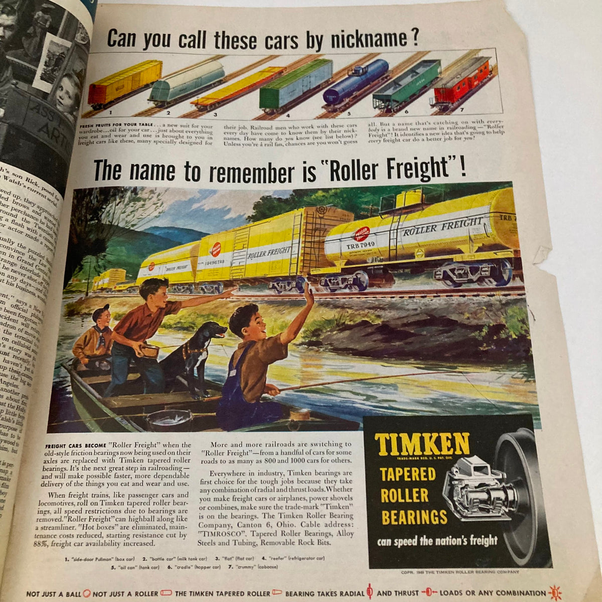 Saturday Evening Post Magazine July 23 1949 Folly Beach with a vintage advertisement highlighting 'Roller Freight' and Timken tapered roller bearings with a scenic illustration.