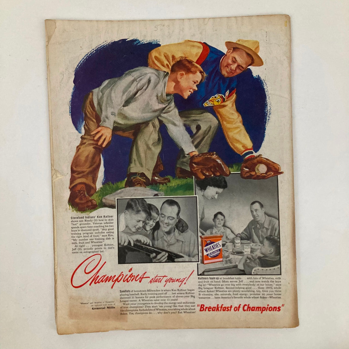Saturday Evening Post Magazine July 23 1949 Folly Beach featuring an advertisement for Wheaties cereal, showcasing a father and son playing baseball.