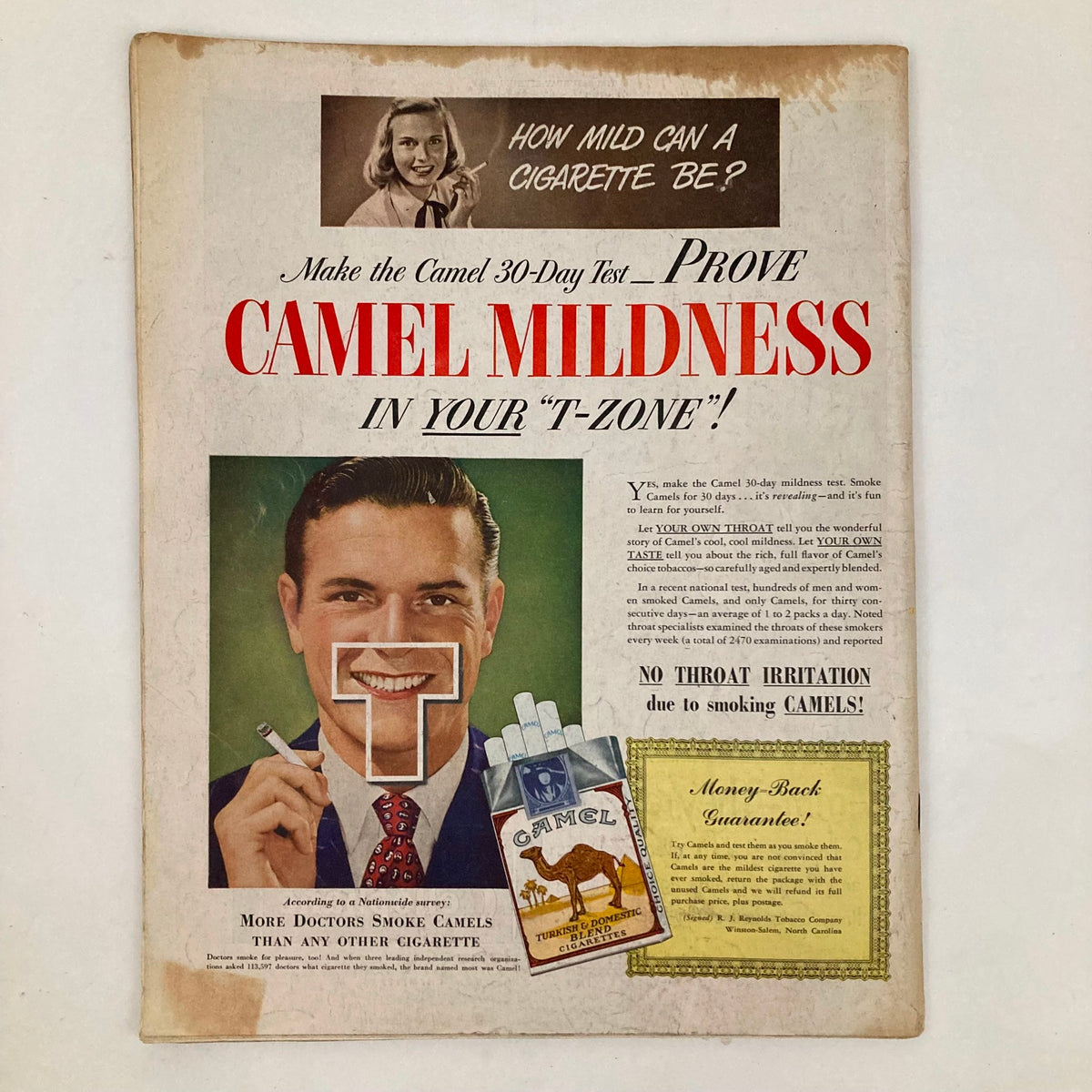 Vintage Saturday Evening Post Magazine January 22 1949 'Engagement Ring' presenting a Camel cigarette advertisement, emphasizing the brand's mildness claim with engaging visuals.