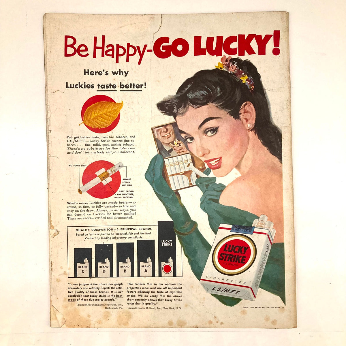 Advertisement from the Saturday Evening Post Magazine January 12 1952 featuring a woman promoting Lucky Strike cigarettes, showcasing vintage marketing and design.
