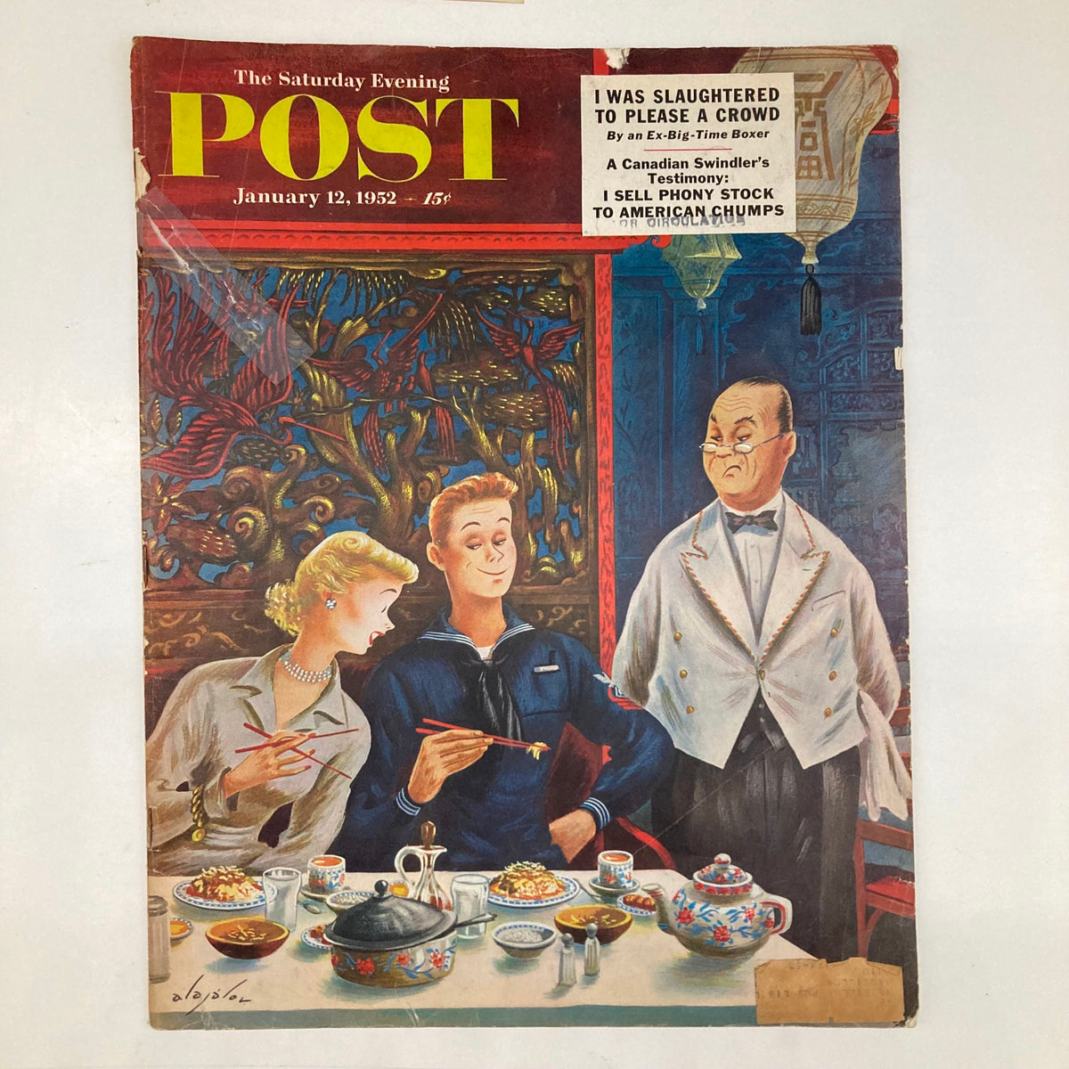 Cover of the Saturday Evening Post Magazine January 12, 1952, featuring colorful illustrations of a couple dining, showcasing vintage art and mid-century American style.