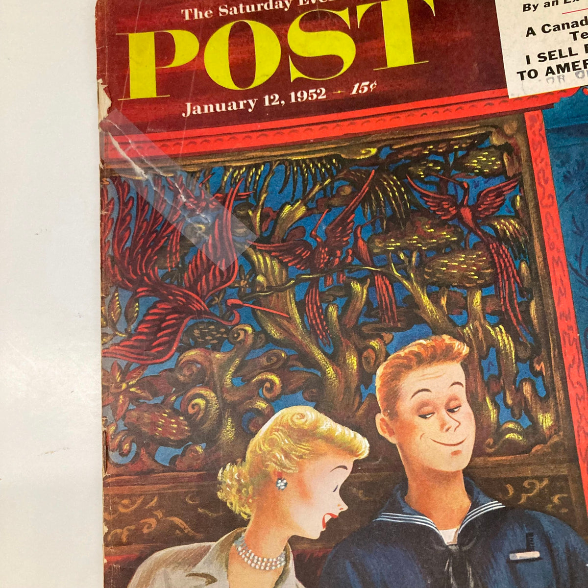 Close-up of the cover of the Saturday Evening Post Magazine January 12, 1952, highlighting the detailed artwork of a sailor and woman enjoying a meal.