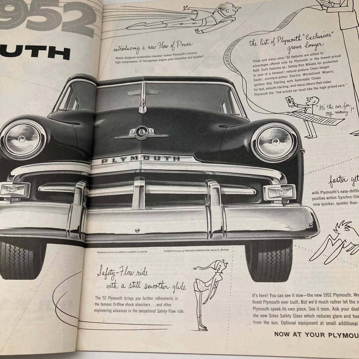Detailed illustration in the Saturday Evening Post Magazine from January 12, 1952, showcasing the new 1952 Plymouth car with features like Safety-Flow ride.