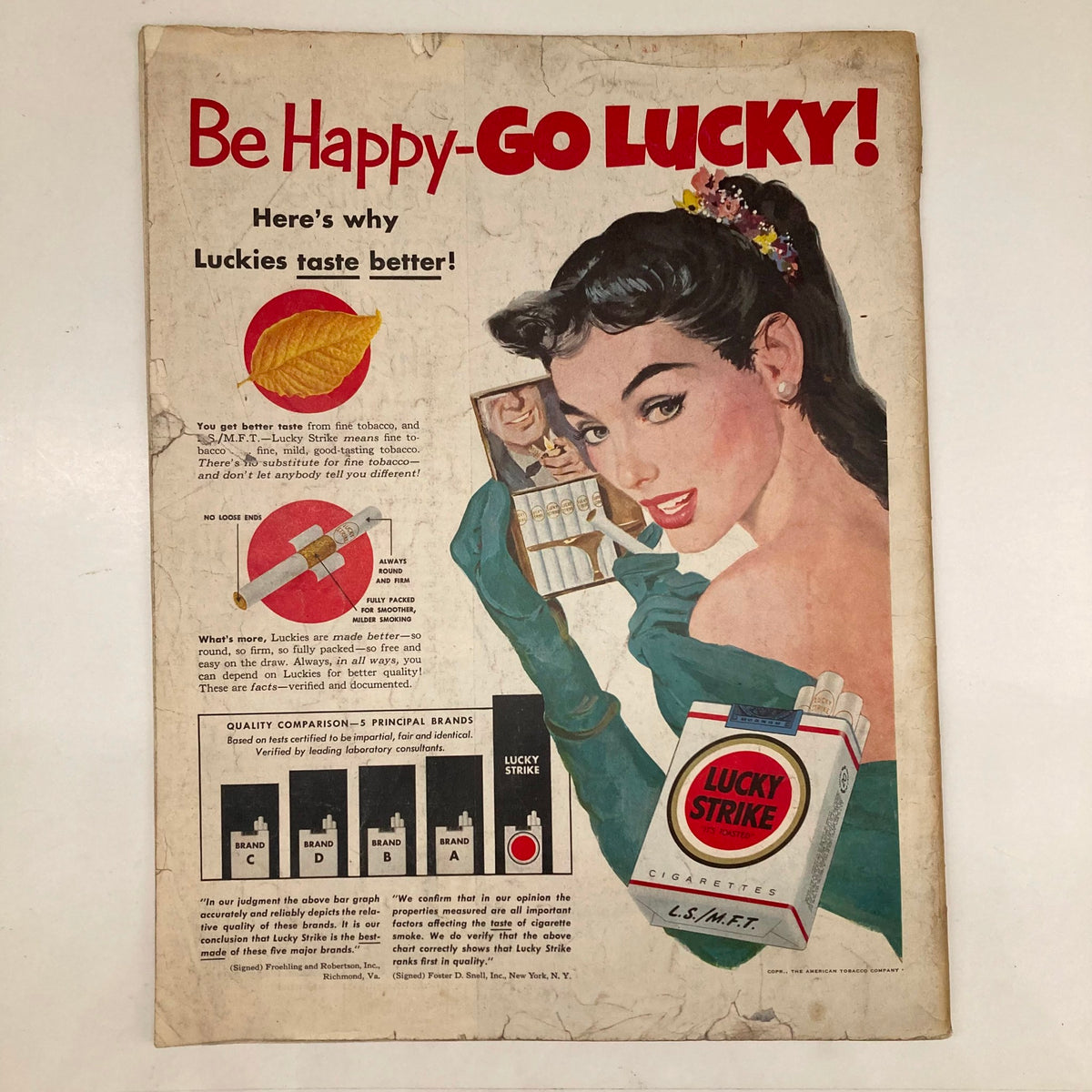 Vintage cigarette advertisement featuring a glamorous woman promoting Lucky Strike cigarettes in the Saturday Evening Post Magazine January 12, 1952.