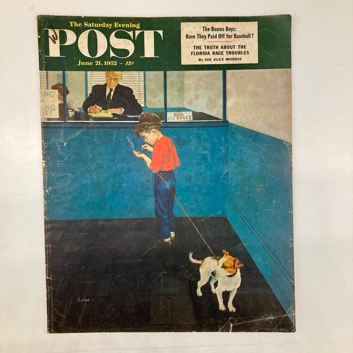 Cover of Saturday Evening Post Magazine June 21 1952 featuring a young boy with a dog at a dog license office.