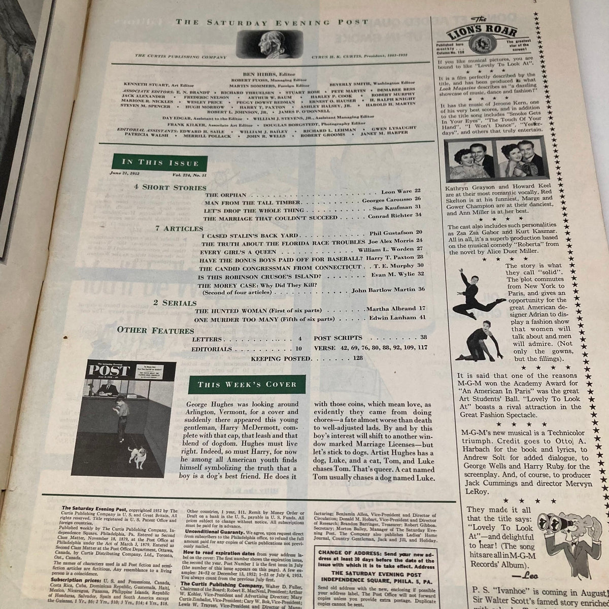 Interior page of the Saturday Evening Post Magazine June 21 1952 featuring articles and illustrations about dog licenses and pet ownership.