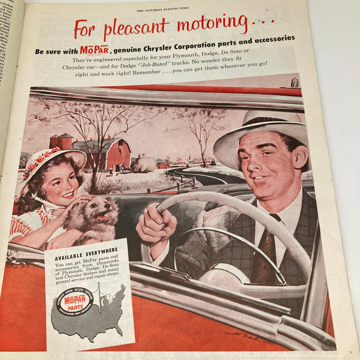 Vintage advertisement in the Saturday Evening Post Magazine June 21 1952 for MoPar Chrysler parts, depicting a man and woman enjoying a drive in a vintage car.