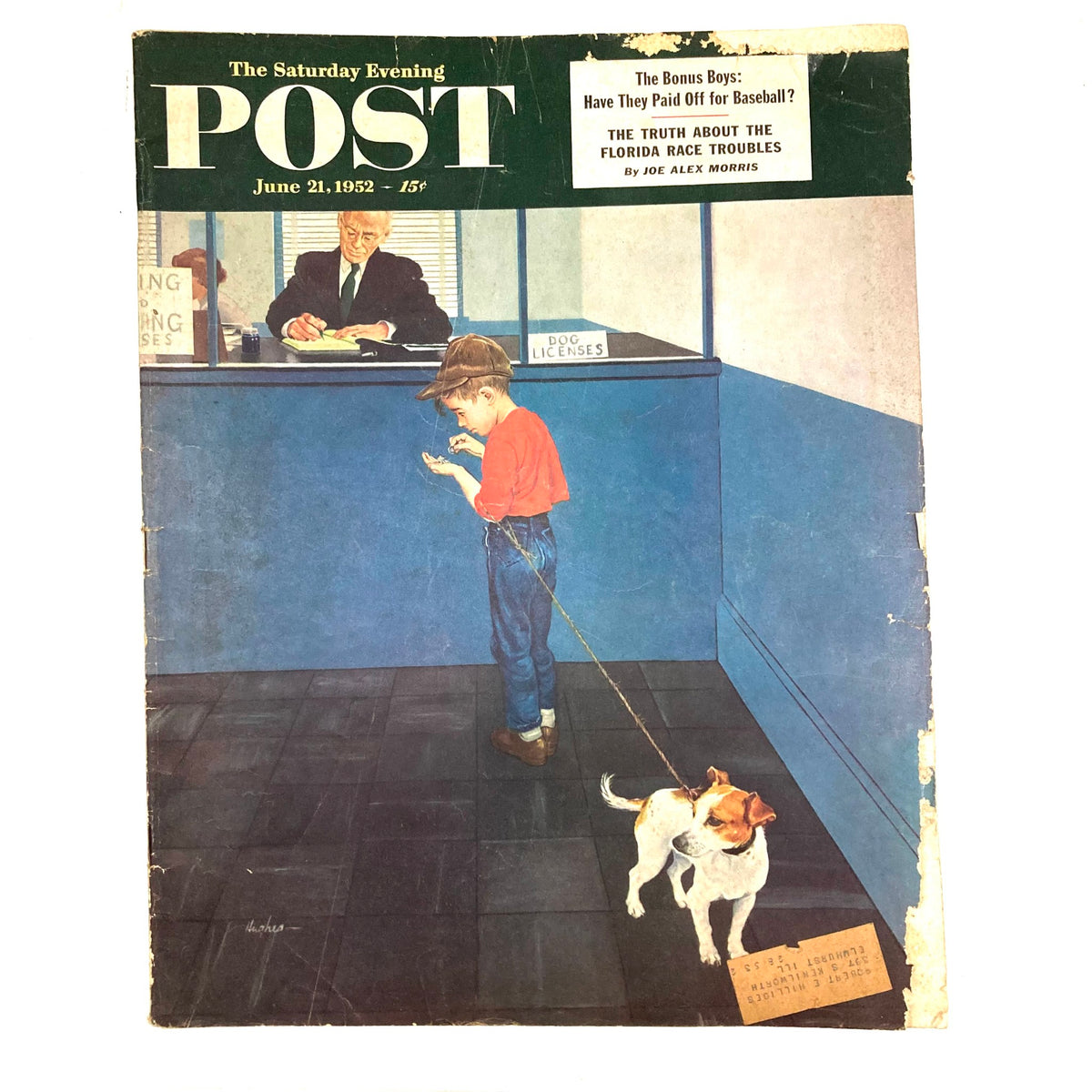 Cover of the Saturday Evening Post Magazine from June 21, 1952, featuring a boy with a dog at a dog license counter, illustrated by Hughes.