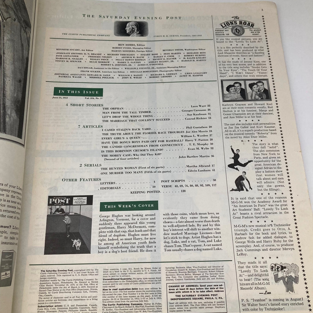 Inside pages of the Saturday Evening Post Magazine from June 21, 1952, listing articles and features included in this vintage issue.