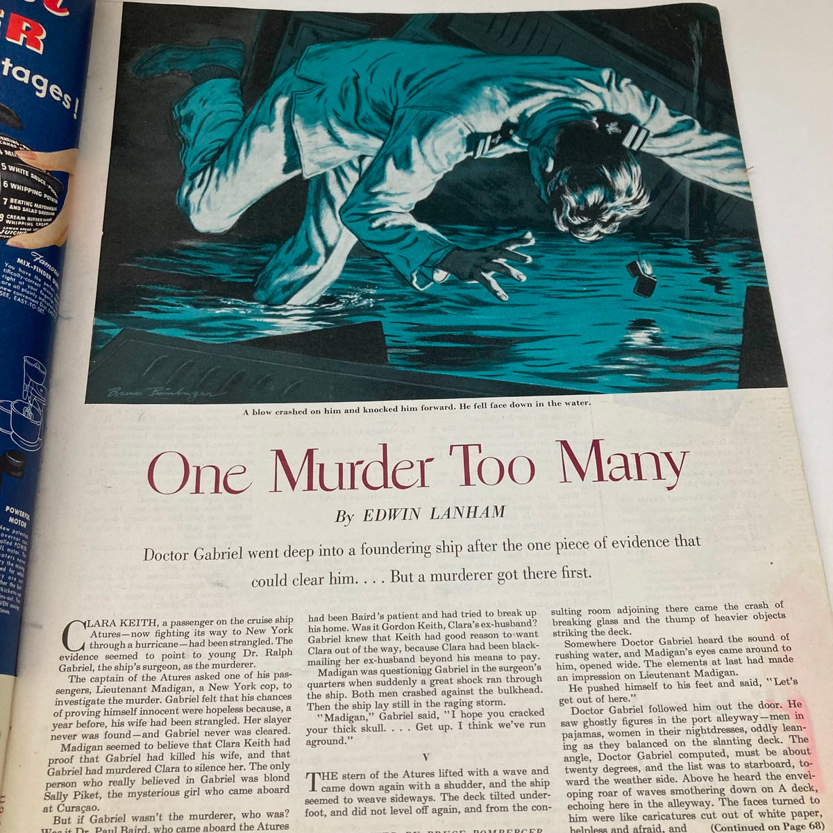 Article page titled 'One Murder Too Many' from the Saturday Evening Post Magazine June 21, 1952, displaying the dramatic illustration related to the story.