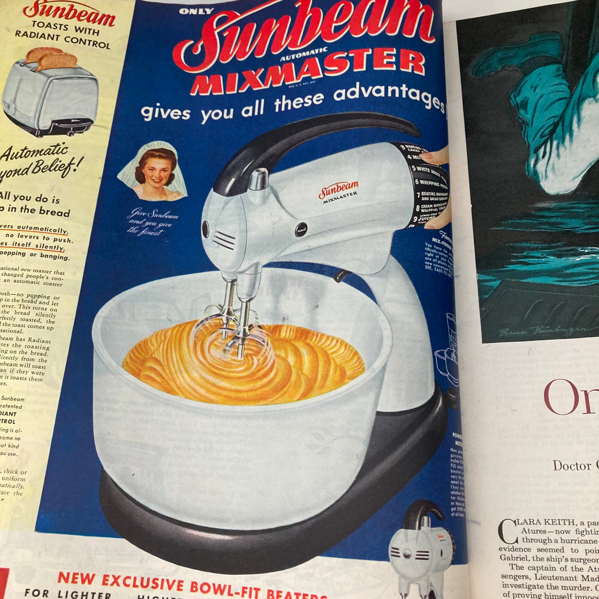Advertisement for the Sunbeam Mixmaster from the Saturday Evening Post Magazine June 21 1952, featuring an automatic mixer in a kitchen setting.