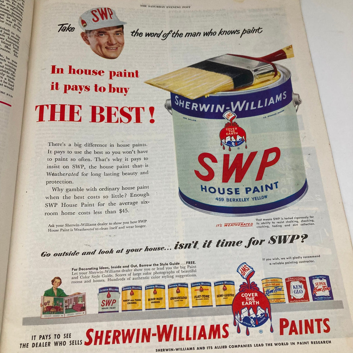 Sherwin-Williams paint advertisement from the Saturday Evening Post Magazine June 21 1952, showcasing a can of SWP house paint and a promotional message.