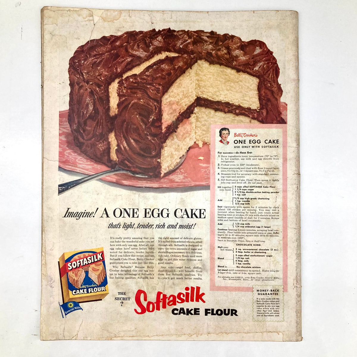 Softasilk Cake Flour advertisement from the Saturday Evening Post Magazine June 21 1952, featuring a delicious slice of one egg cake with a recipe.