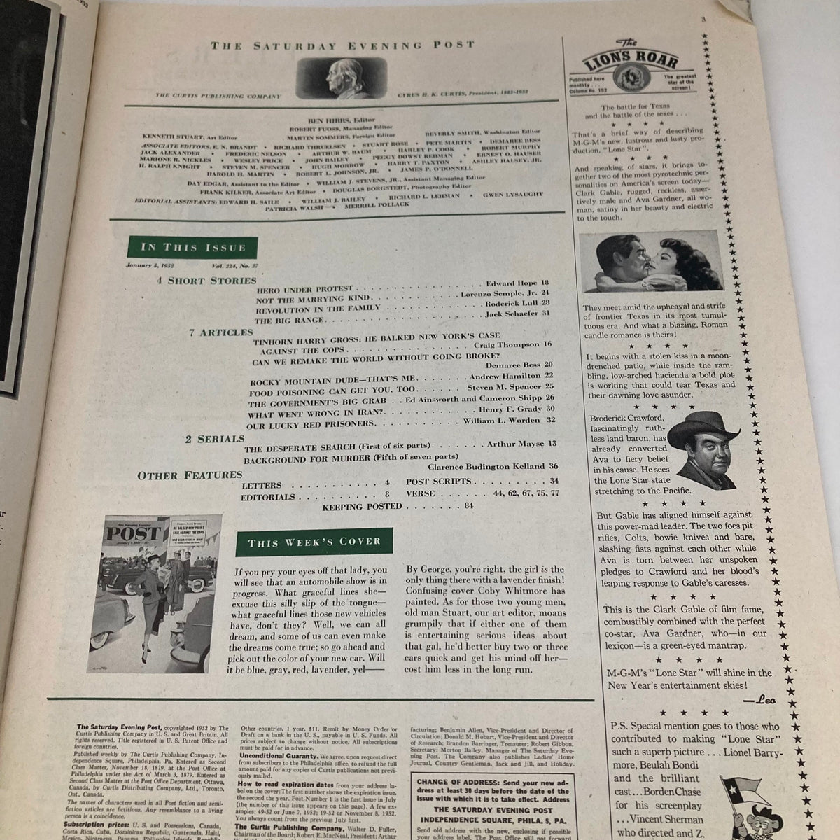 Table of contents from the Saturday Evening Post Magazine January 5 1952 detailing featured stories and articles inside the issue.