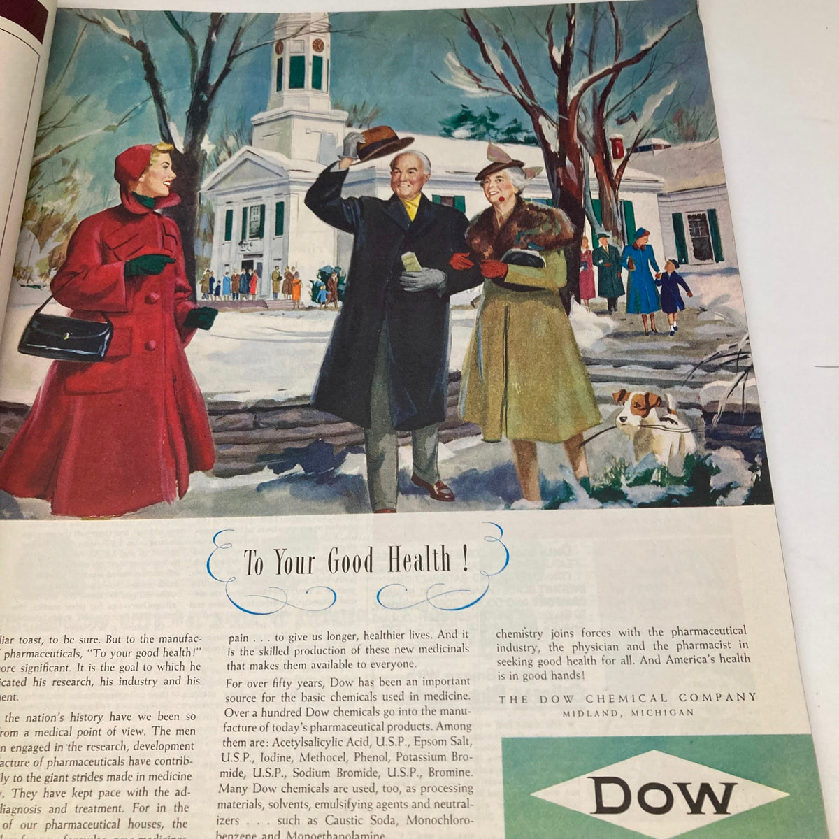 Illustration promoting health in the Saturday Evening Post Magazine January 5 1952, showcasing a winter scene with characters dressed in 1950s fashion.