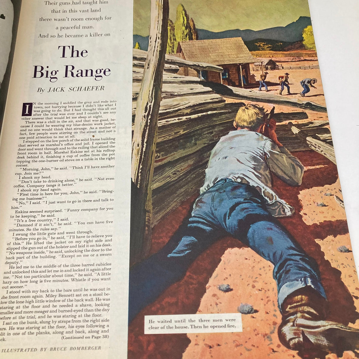 Illustration of a dramatic scene from the article 'The Big Range' in the Saturday Evening Post Magazine January 5 1952, depicting a cowboy aiming a rifle.