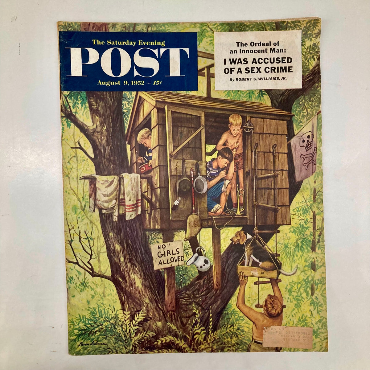 Cover of Saturday Evening Post Magazine August 9 1952 featuring 'Tree House' illustration by Stevan Dohanos, showcasing children playing in a treehouse, evoking nostalgia.