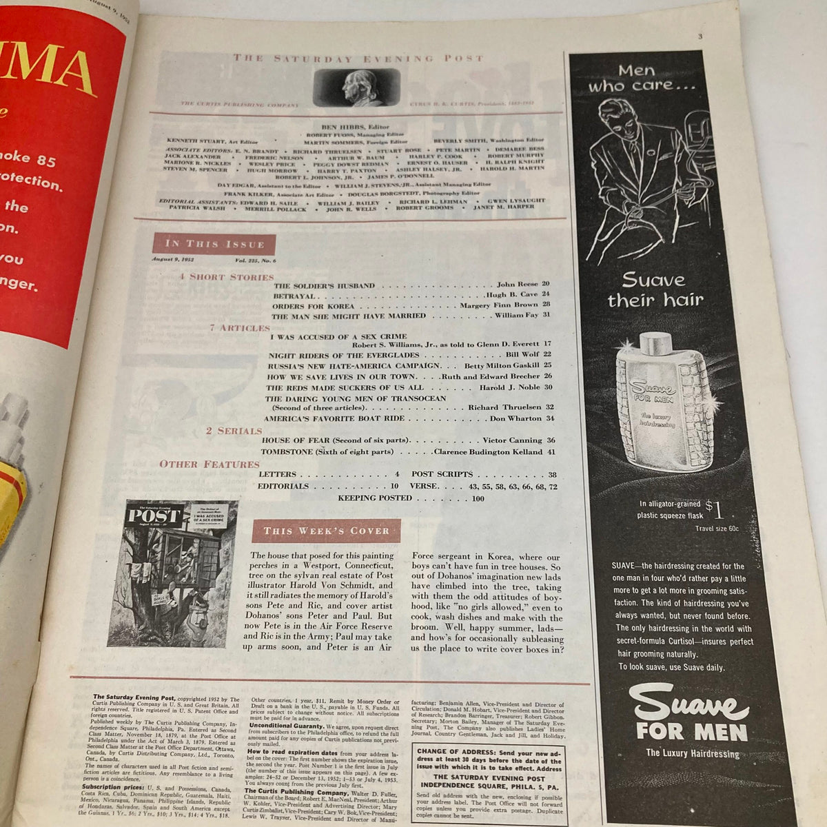 Inside page of Saturday Evening Post Magazine August 9 1952 displaying contents and features, including a brief description of the week's cover.