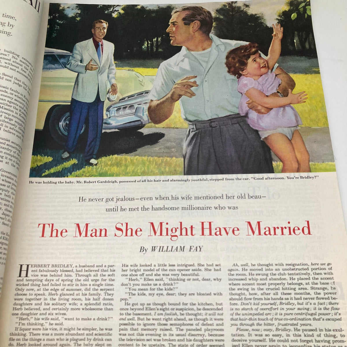 Article in Saturday Evening Post Magazine August 9 1952 titled 'The Man She Might Have Married', depicting a scene with a man holding a baby and another man interacting in a lavish outdoor setting.