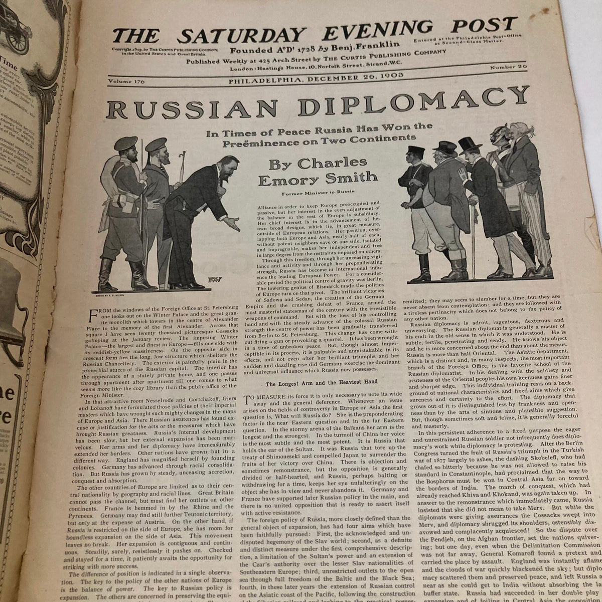 Inside page of Saturday Evening Post Magazine dated December 26, 1903, featuring an article titled 'Russian Diplomacy' by Charles Emory Smith, illustrating historical context and writings of the era.