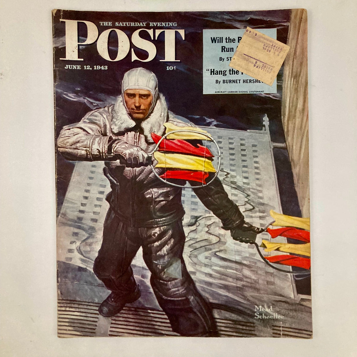 Saturday Evening Post Magazine June 12 1943 Illustrated Cover by Mead Schaeffer featuring a man in a winter suit holding colorful signals against a snowy backdrop, capturing the essence of World War II era art.