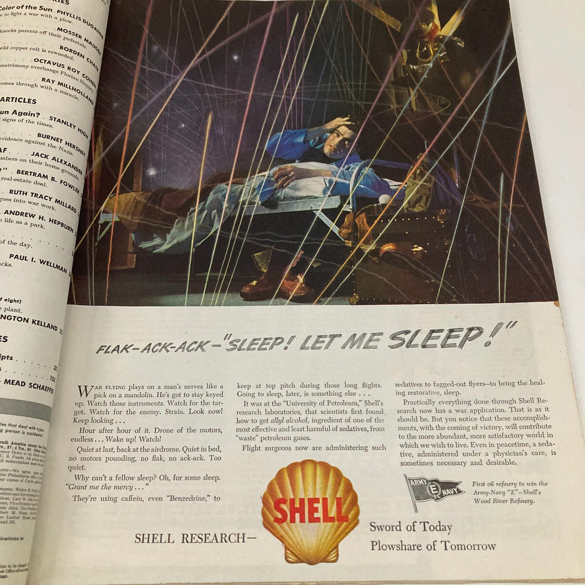 Illustration from the Saturday Evening Post Magazine June 12 1943 titled 'Flak-Ack-Ack', depicting a man trying to sleep amidst stressful circumstances.