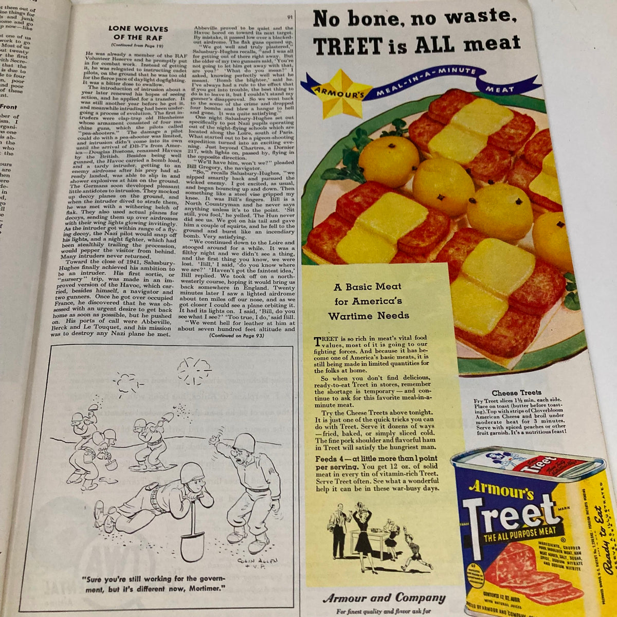 Page featuring the article 'Lone Wolves of the RAF' and a vintage advertisement in Saturday Evening Post Magazine June 12 1943.